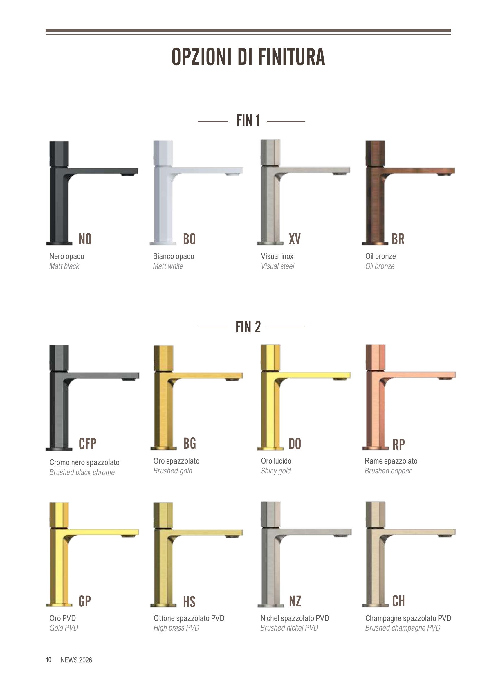 Tabella finiture Remer 2026 - FIN1 FIN2 e PVD per miscelatore moderno rubinetteria nera oro rame